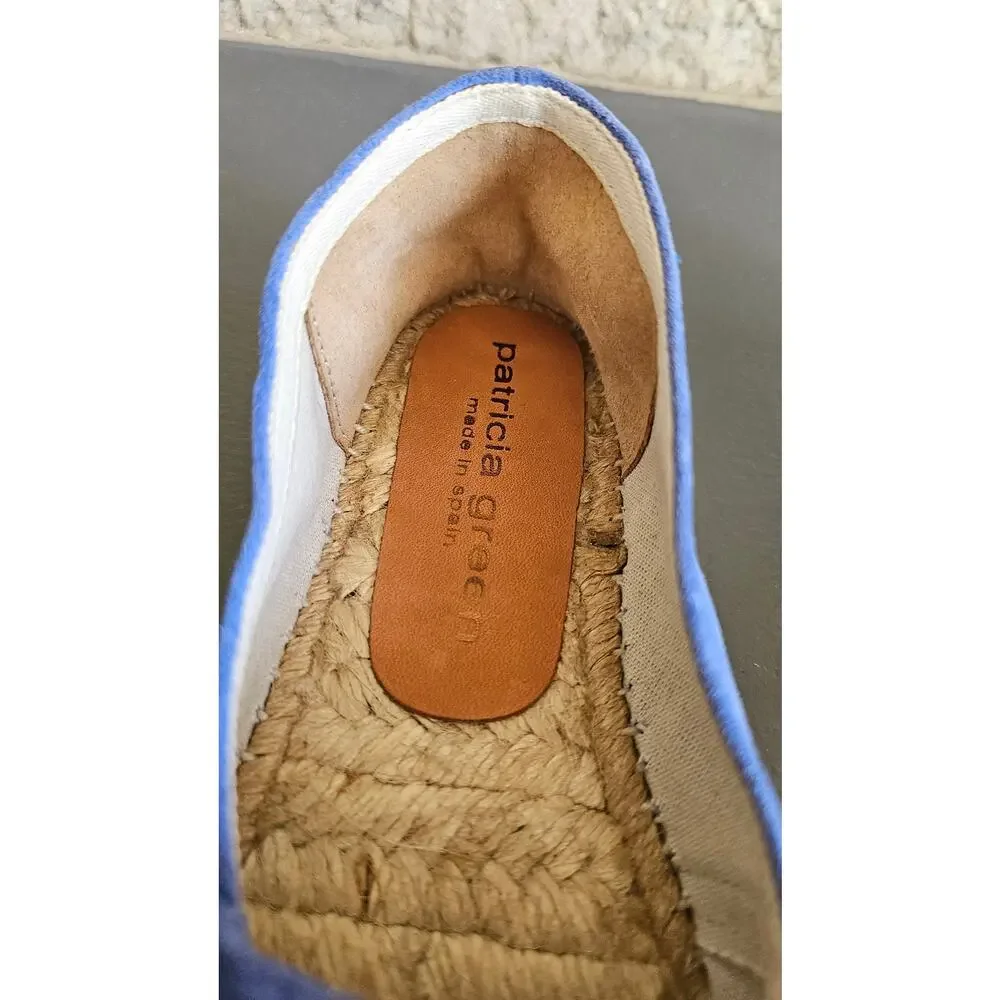 Patricia Green Espadrille Flats, Ashley,  Peep Toe,  Blue Suede, New, Sz 5.5